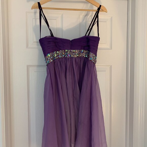 La Femme strapless short Chiffon Dress with Ruched Detail and Embellishment - Picture 2 of 8